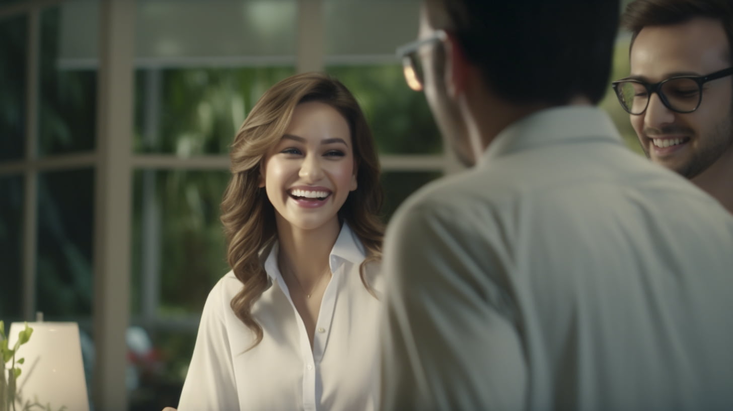 Mulher com cabelo ondulado castanho e blusa branca social está sorrindo para dois homens, ambos com camisa social e óculos